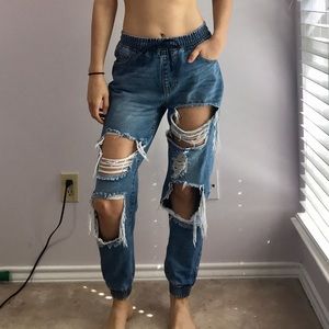 Distressed denim joggers